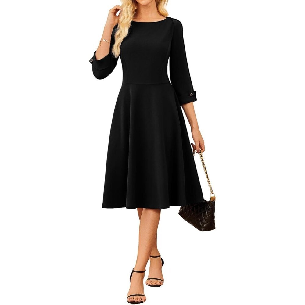 Grace Karin Women Black 3/4 Sleeve Fit And Flare Classy Dress With Pockets